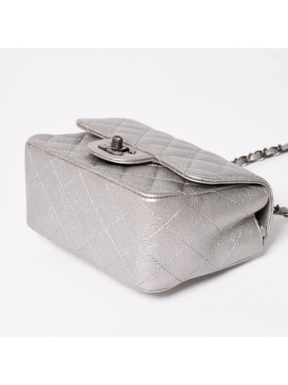 Chanel Mini Quilted 17 S Flap S Chain Shoulder Bag CC Logo Caviar Leather Silver